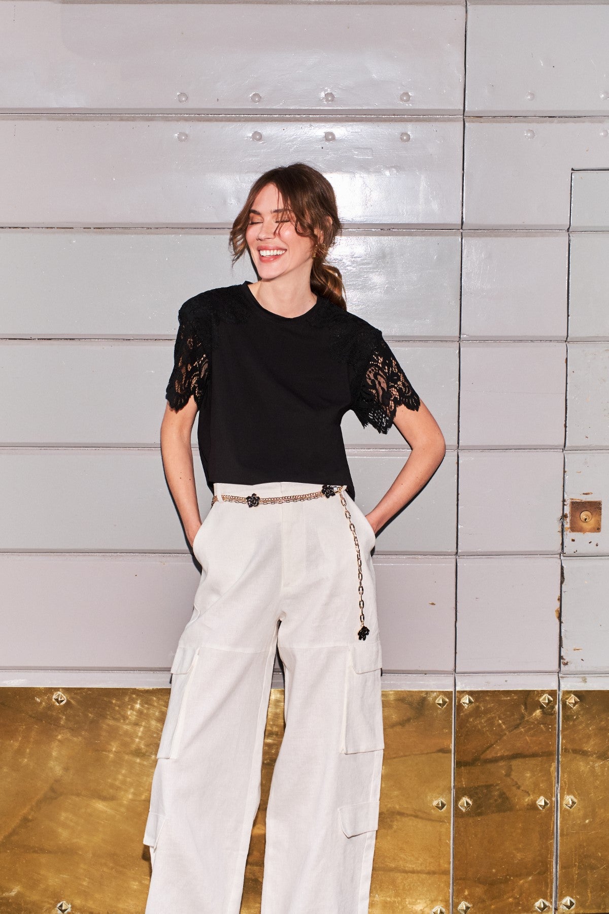 Calça Cargo Linho Off White Anne Fernandes