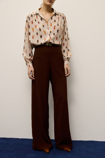 Calça Crepe Pantalona Marrom Lucidez