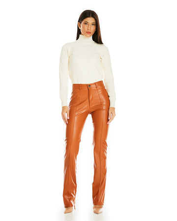 Calça Reta Zíper Couro Eco Caramelo Anne Fernandes