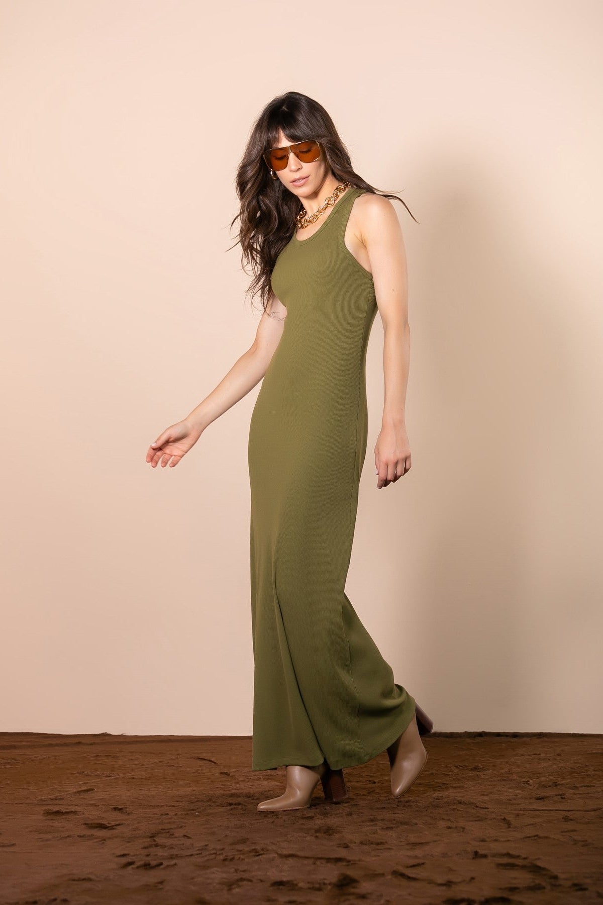 Vestido Longo Malha Canelada Verde Anne Fernandes