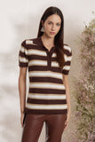 Blusa Polo Tricot Listras Cacau Litt