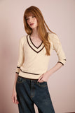 Blusa Tricot Bege Gola Bicolor Anne Fernandes
