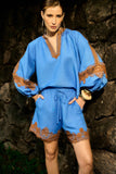 Conjunto Bata e Short Azul Renda Marrom Anne Fernandes