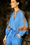 Conjunto Bata e Short Azul Renda Marrom Anne Fernandes
