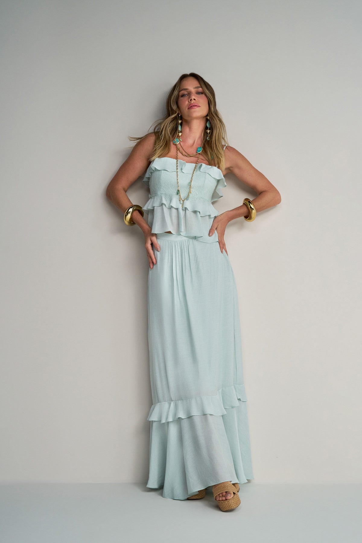 Conjunto Blusa Saia Longa Verde Água Anne Fernandes – Moça Bonita