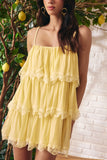 Vestido Curto Tule Babados Renda Amarelo Milk Litt