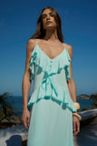 Vestido Longo Babados Azul Acqua Anne Fernandes