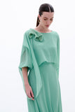 Vestido Longo Capa Flor Chiffon Verde Água Arte Sacra
