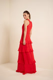 Vestido Longo Festa Camadas Vermelho Bromelia Lucidez
