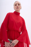 Vestido Longo Manga Longa Chiffon Vermelho Arte Sacra