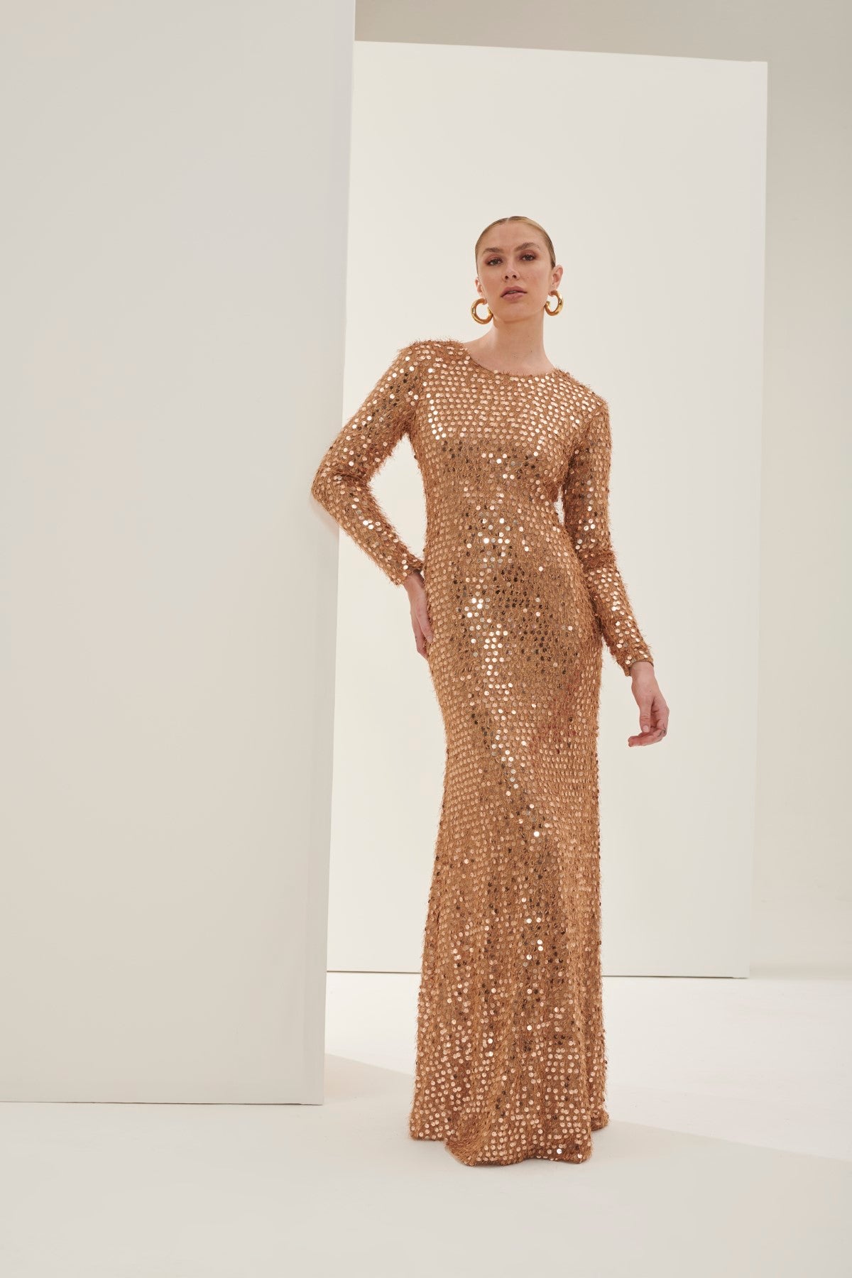 Vestido Dourado Vestido Dress Manga Longa Vestido Longo Manga