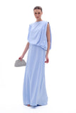 Vestido Longo Sobreposição Cetim Azul Claro Arte Sacra