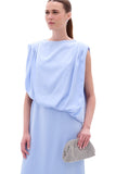 Vestido Longo Sobreposição Cetim Azul Claro Arte Sacra