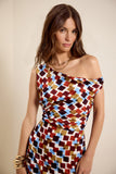 Vestido Midi Decote Assimétrico Quadros Lucidez