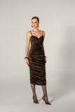 Vestido Midi Drapeado Tule de Veludo Marrom Anne Fernandes