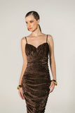 Vestido Midi Drapeado Tule de Veludo Marrom Anne Fernandes
