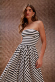 Vestido Midi Ribana Listrado Preto e Off White Litt