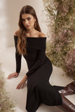 Vestido Midi Tricot Ombro a Ombro Preto Litt