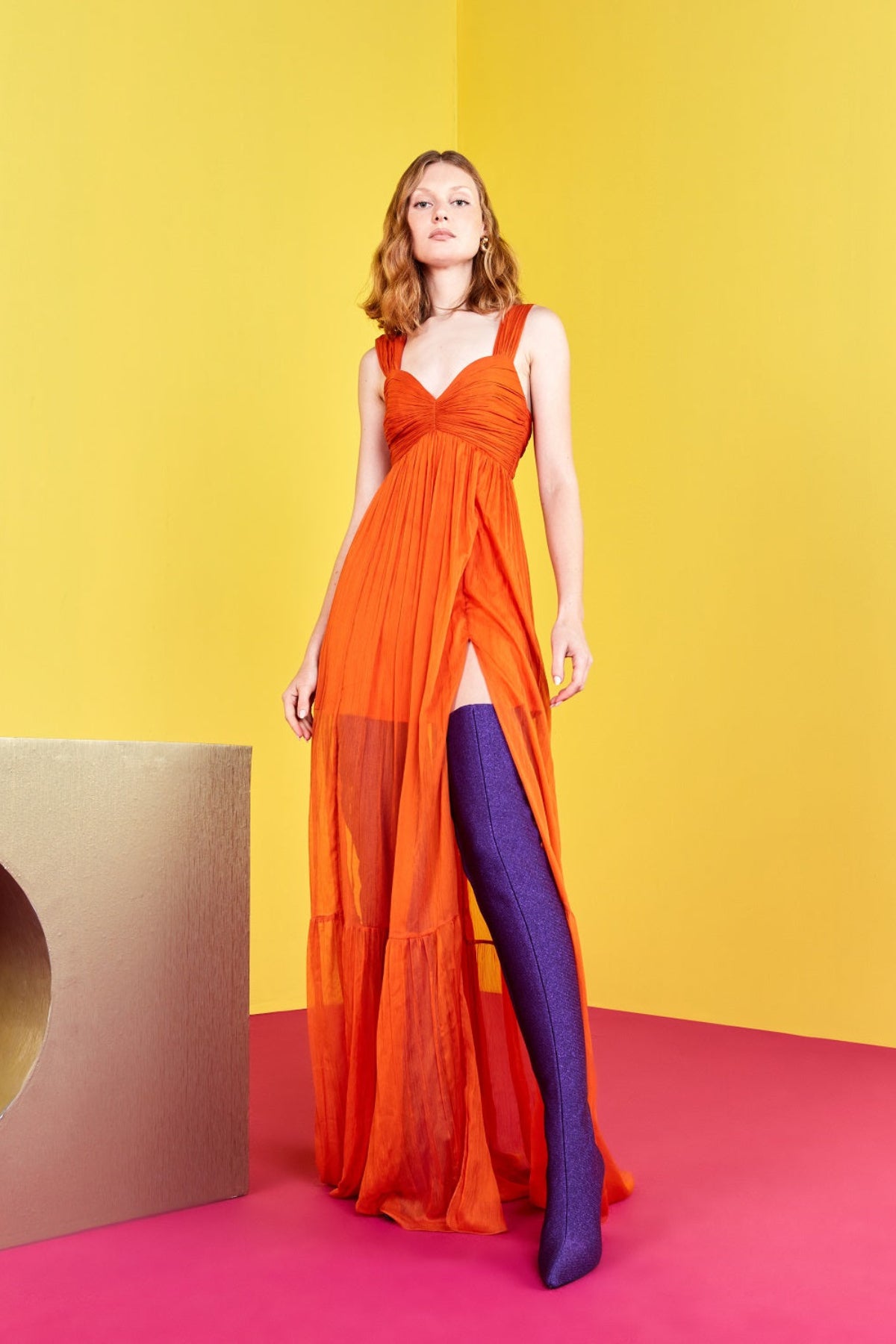 Vestido Longo Fenda Chiffon Laranja Skazi